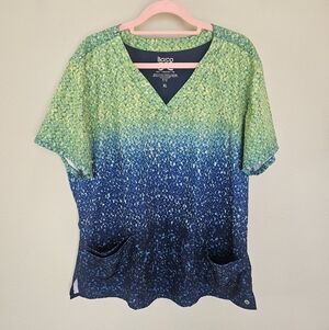 Barco Women’s Scrub Top XL Green Blue Ombre V Neck Pockets
